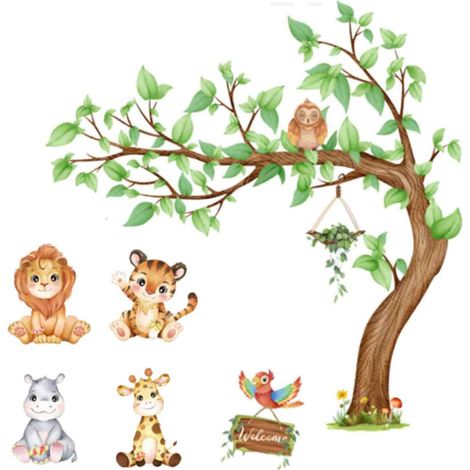 Autocollant Murale Jungle - 2 Pièces 90 x 30 cm - Décoration Murale pour Chambre d'Enfant - Feuillage et Animaux - Idéal pour Chambre et Nurserie (1/5)
