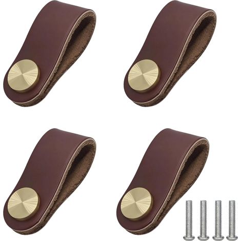Poignées de placard en cuir véritable, lot de 4, marron avec bouton laiton brossé et vis. (1/5)