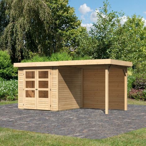 Abri de jardin en bois massif 4,62m² – Épicéa nordique – Double porte vitrée – Dimensions extérieures 213x217cm – Hauteur faîte 211cm – Karibu (1/5)