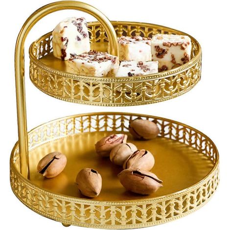 Plateau à pâtisserie double étage décoratif en cuivre doré pour biscuits et desserts, idéal pour un mariage. (1/4)