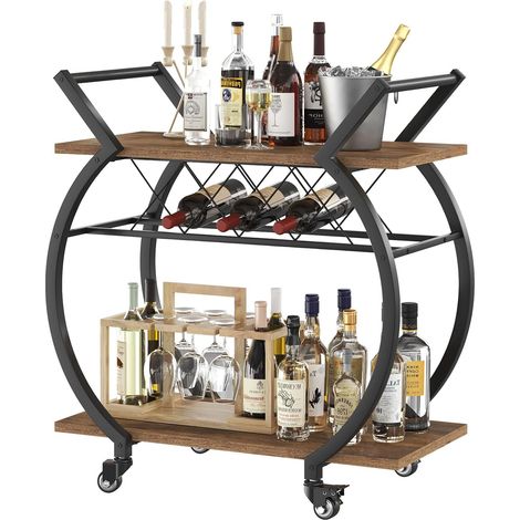 Chariot Bar À roulettes Métal Rangement Bouteille Cuisine Brun Rustique (1/5)