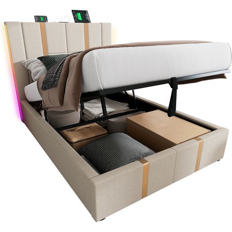 Lit Coffre 90×200 cm en Lin, Lit Simple avec USB, Type-C, LED RGB, sans Matelas, Beige (1/5)
