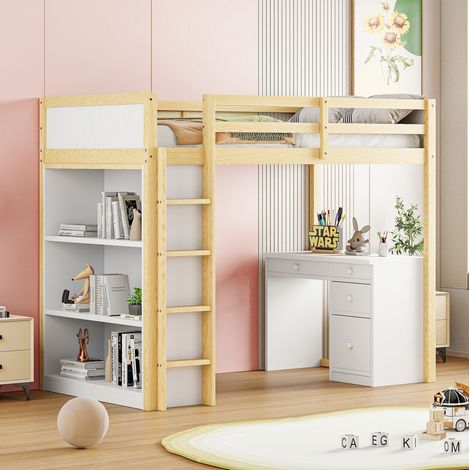 Cama alta moderna 90x200 cm en madera natural, con armario de almacenaje, escritorio independiente y somier de láminas (1/5)