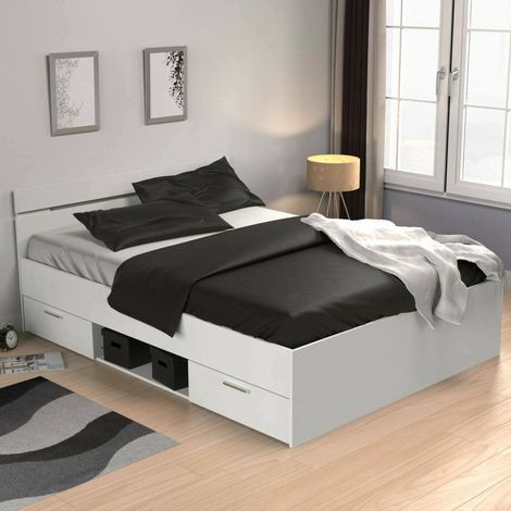 Dmora - Cama doble Var, Sommier para dormitorio, Estructura de cama por habitación, Estructura del sostenedor del colchón, 204x145 h74 cm, Blanco mate (1/5)