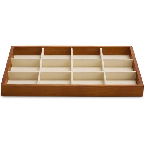 plateau à bijoux en bois massif 35 x 24 x 3 cm beige avec grille et tiroir intégré pour bracelets et montres (1/5)