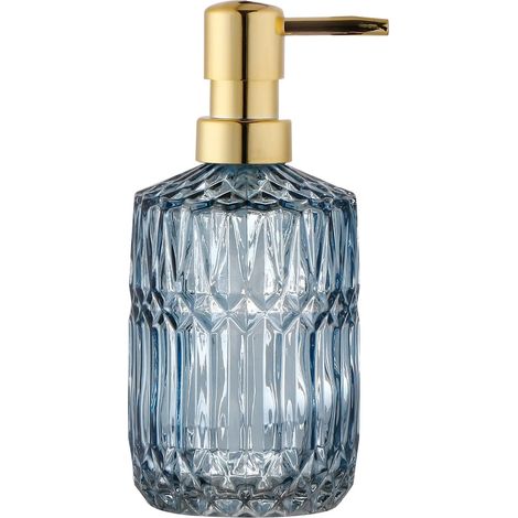 1 - Distributeur De Savon - Flacon En Verre - Rechargeable Pour Liquide Vaisselle Et Shampoing - Design Cristal Taillé - Salle De Bain Et Cuisine - Bleu - 500ml