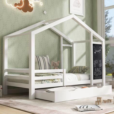 lit enfant maison rangement 90x200 pin massif blanc OKMYHOME (1/5)