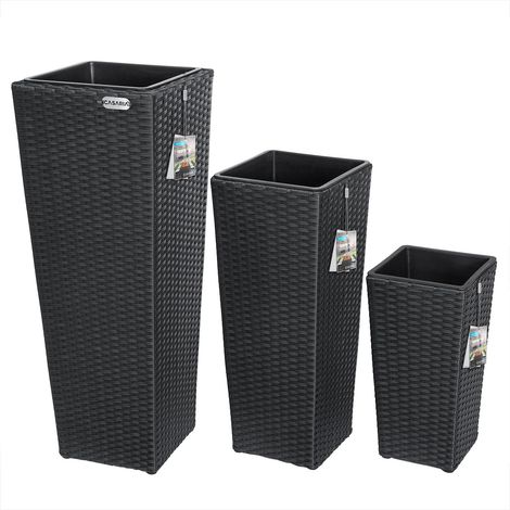 CASARIA® Set de 3 Macetas para Plantas Flores Macetero de Poliratán para Jardín Balcón Terraza Interior Exterior Negro