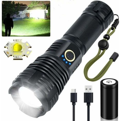 FOREHILL Hochleistungs-LED-Taschenlampe, wiederaufladbar, 90.000 Lumen, superhelle taktische Taschenlampe XHP70.2, wasserdicht, erweiterbar, 5 Modi für Camping, Wandern, Outdoor-Aktivitäten, Notfälle