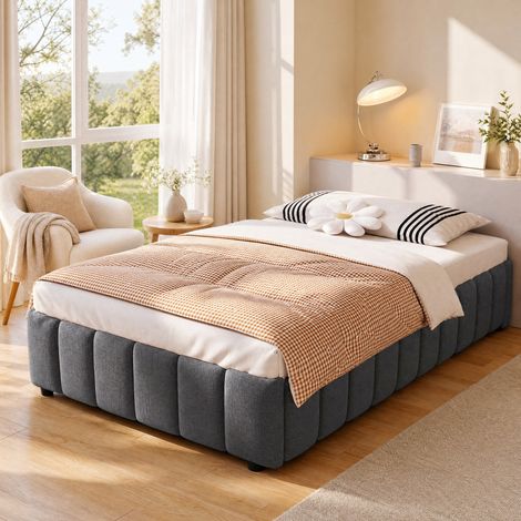 Cama canapé 90x200 cm de lino gris con almacenaje para dormitorio, sin colchón FloraGrace (1/5)