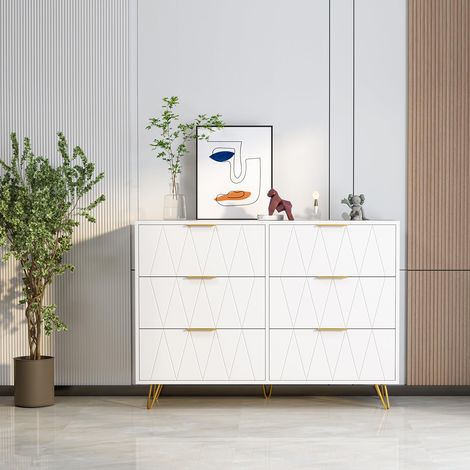 Commode 6 tiroirs, Scandinave Commode en forme de losange, panneau en placage, poigné et pied doré, MDF, 100x34x72.5cm, blanc (100x34x72.5 cm)