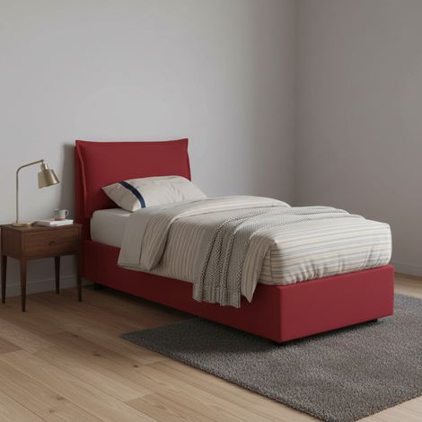 Dmora - Cama individual Daugust, Cama contenedor con revestimiento de tela, 100% Made in Italy, Apertura frontal, con colchón Cm 80x190 incluido, Rojo (1/5)