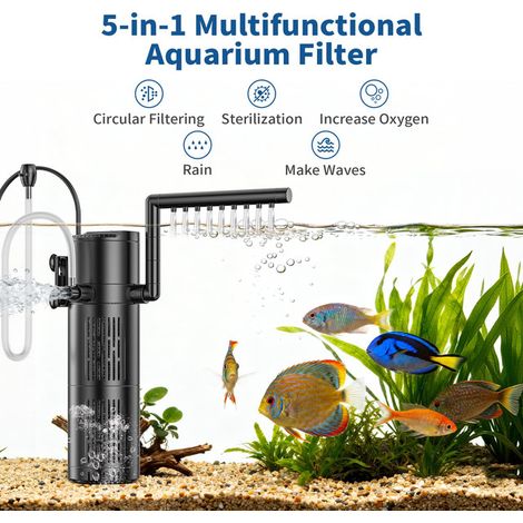 Filtre d'aquarium interne 5 en 1 avec stérilisateur UV lampe de clarification de l'eau pompe de filtration d'aquarium submersible silencieuse avec fonction de pluie et de fabrication de vagues 500L/H