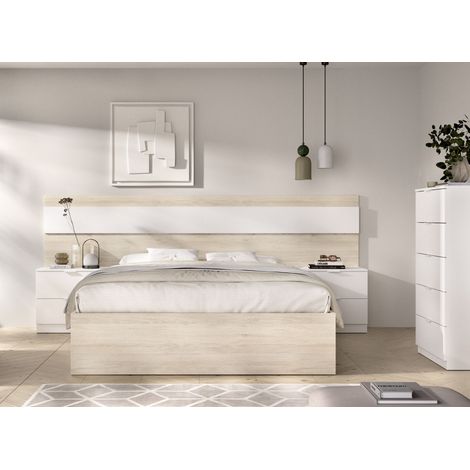 DEKIT GRUPO RIMOBEL NIZA PACK - CONJUNTO DE CABEZAL CON DOS MESITAS DE 2 CAJONES, XIFONIER DE 5 CAJONES Y ARO CAMA DE 135/140X190 - NATURAL / BLANCO