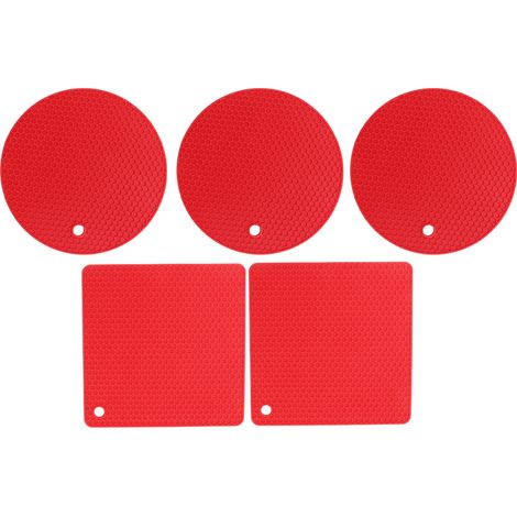 Lot de 5 dessous de plat en silicone carrés et ronds, alvéolés, antidérapants et résistants à la chaleur, pour plaques de cuisson, poêles et casseroles (rouge). (1/5)