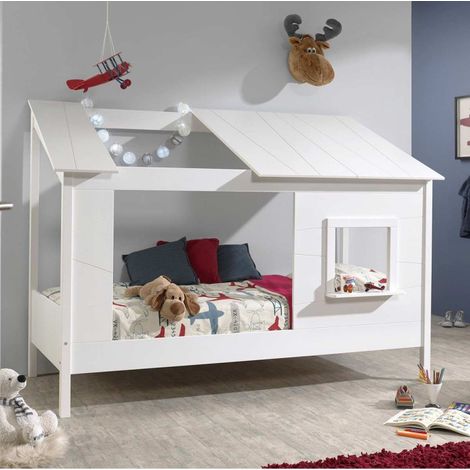 Pack - Lit Cabane Enfant, Sommier & Matelas "Housebed II" 90x200cm Blanc (1/5)