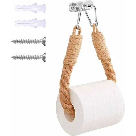 VURAHOME - Porte Papier Toilette Mural, Support Porte Rouleau Papier Toilette Derouleur Papier Toilette Bois Murale en Cordede Chanvre Rangement (Brun, 2 x 49 cm) (1/5)