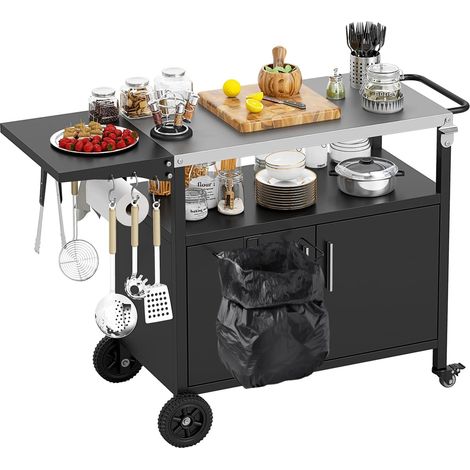 GOPLUS Desserte Jardin pour Plancha Barbecue 3 Niveaux, Îlot Cuisine avec Plan de Travail Pliant,Porte-Serviettes, 6 Crochets,Mobile Préparation Exterieur,Charge 100KG