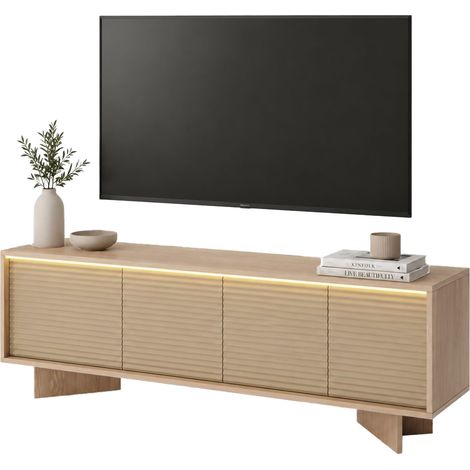 Mobile Porta tv Kamele, un Ripiano, 3 Ante, Ante Effetto Rigato con led, 154x40x54h cm Marrone Rovere