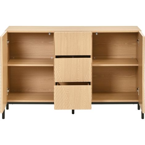 Credenza moderna in MDF naturale con motivo geometrico, 2 ante e 3 cassetti, 115,5 x 40 x 76 cm (1/5)
