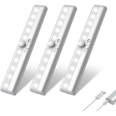LED Motion Sensor Lights Indoor, Wardrobe Lights 3 Pack Under Cabinet Kitchen Lights with Magnetic Strip 6000K USB Rechargeable with Magnetic Strip Led Closet for Wardrobe Closet Stairs (1/5)