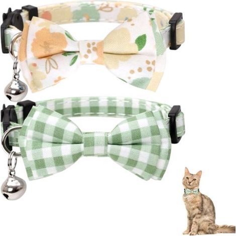 piezas，Collares de seguridad para gatos con cierre de seguridad，con bonito lazo y cascabel，flor a cuadros para gato，seguridad ajustable，1×28cm (1/3)