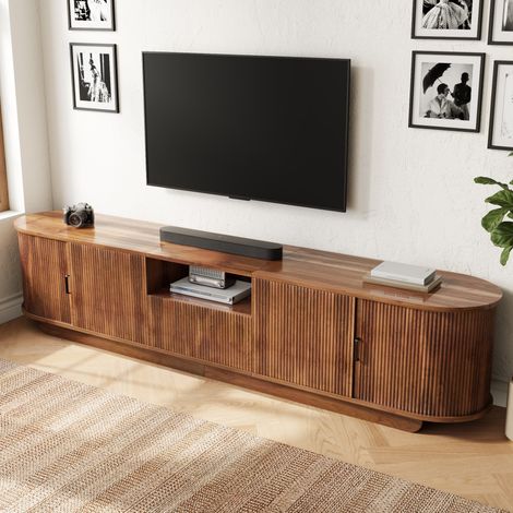 Meuble TV 200x40 cm avec 4 portes dont 2 coulissantes, tiroir, niche, passe-câbles et façade ondulée 3D, MDF, panneaux de particules, Effet noyer (1/5)
