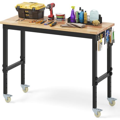 Établi Réglable avec Roues, Table de Travail Roulante avec Plateau en Bois de Caoutchouc, 2 Panneaux Perforés, Charge 1100 KG, pour Garage, Atelier (1/5)