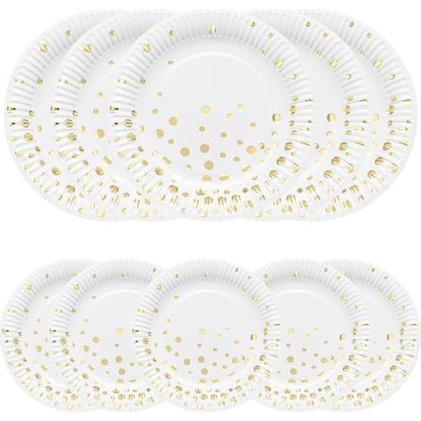 Assiettes en papier, Lot de 50 Blanc avec feuille d'or Assiette carton 23 cm et Assiette à dessert 18 cm Assiettes en carton jetables (1/5)