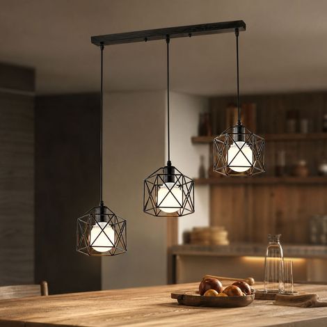 Suspension industrielle 3 têtes, style campagne américaine en fer noir. Dimmable, hauteur réglable 1,5m. Idéal pour bar ou salle à manger (5-15m²). (1/4)