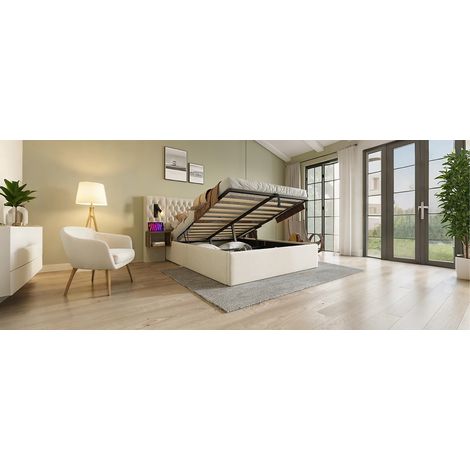 Lit double 180x200 cm avec coffre hydraulique, 2 chevets USB et éclairage LED, beige (1/5)