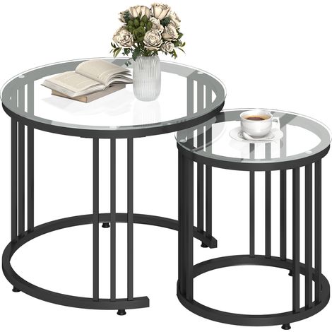 HOMCOM 2 Pieces Round Nesting Coffee Tables with Tempered Glass Top, Black