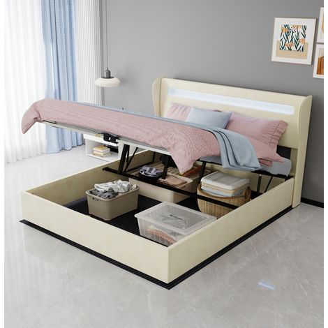 Bett modern gepolstert in Beige 160x200 cm mit verstellbarem Kopfteil und LED-Beleuchtung, Metallgestell (1/5)