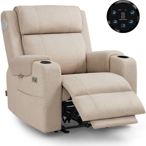 M MCombo Fernsehsessel Elektrisch Verstellbar, Relaxsessel mit Liegefunktion, Bluetooth-Lautsprechern, Verstellbare Kopfstütze, Massage & Wärmefunktion, 35D Vollschaum-Sitzkissen 7053 (Beige-Stoff) (1/5)