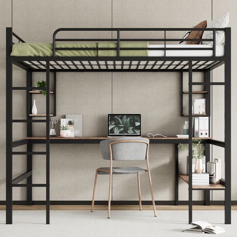 Tanant – Lit mezzanine enfant 140x200cm – Bureau intégré – 4 étagères triangulaires – Cadre en métal noir – Hauteur 180,5cm – Capacité 150kg (1/5)