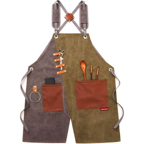 Verstellbare Arbeitsschürze mit Taschen und geteilten Beinen – Kreuzgurt-Design – Unisex – grüne und graue Nähte – (1/5)
