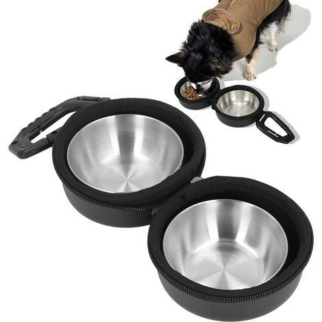 Bol pour Chiens Double avec Sac Bols Stainless Steel et Sac de Stockage EVA Portables pour Voyage et Camping Kit de 2 Bols en Acier + Sac (1/5)