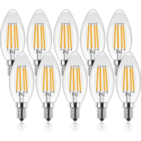 E14 Forme de Bougie LED, 4W Bougie LED Ampoule,2700K Ampoules Vintage Blanc Chaud, pour les lustres,Transparent,Lot de 10