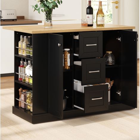 Isla de cocina móvil 120x70x90 cm MDF negro con encimera plegable y ruedas bloqueables - CHICFURN (1/5)