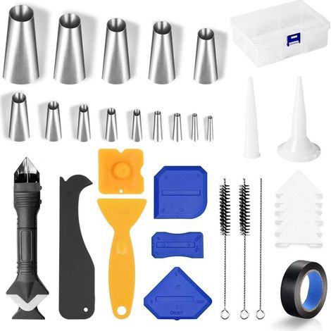 33 pièces outil de calfeutrage, embouts inox et patins en silicone, diamètres variés, pour joints silicone et mastic (1/5)