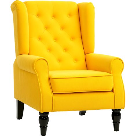 HOMCOM sillón orejero moderno, butaca de salón con reposabrazos y patas de madera, sofá individual carga 160 kg, para oficina, sala de estar, amarillo