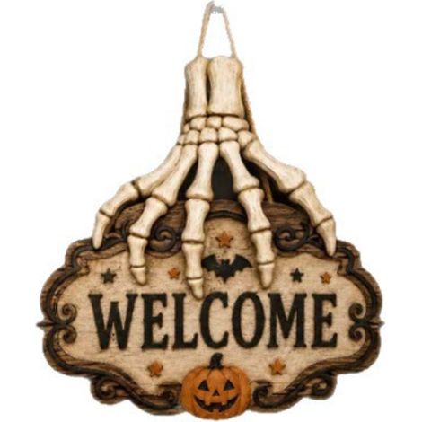 Türnummer aus Holz für Halloween, dunkle Retro-Wanddekoration mit dem Wort „WILLKOMMEN“ zum Aufhängen am Eingang, längste Seite: 40 cm (1/5)