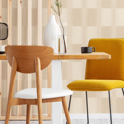 Papier peint beige à rayures pour salon | Tapisserie retro idéale pour salle à manger | Papier peint brun à motif tendance (1/3)