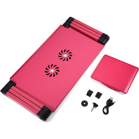 Support pliable 360° pour ordinateur portable avec ventilateur double refroidissant, plateau souris, rouge rosé, pliable et réglable (1/5)