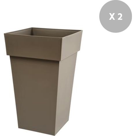 EDA – Lot de 2 pots de fleur carré 39 x 39 x H.65 cm – Taupe – Polypropylène – Résistant aux chocs et aux UV – Contenance 65 L avec réserve d'eau