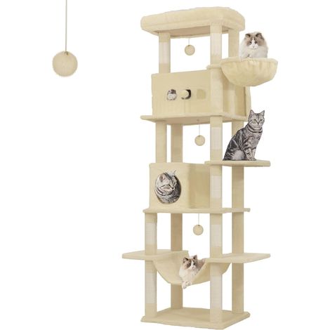 210 cm Grand Arbre à Chat, Tour à Chat pour Chats d'intérieur, avec Grand Perchoir, Tapis Lavable, 2 Niches Chats, 8 Griffoirs, Hamac, Pompons, Beige MS21018YL (1/5)