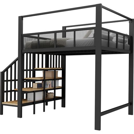 Letto a soppalco 90x200 cm in metallo nero con baldacchino, scala di sicurezza con contenitore e spazio studio sottostante, letto singolo salvaspazio CHICFURN (1/5)