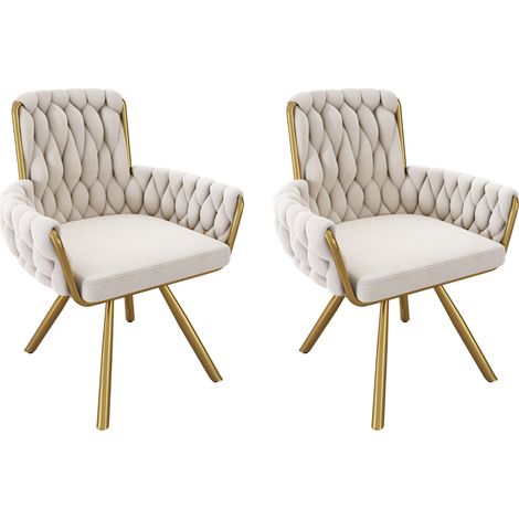 Silla de comedor giratoria de terciopelo beige, juego de 2, con reposabrazos y patas de metal (1/5)