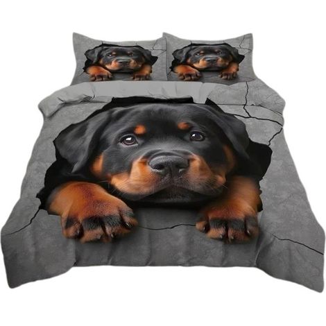 Parure de lit Rottweiler imprimée en 3D, grise, 200x200 cm avec 2 taies d'oreiller 65x65 cm, microfibre (1/4)