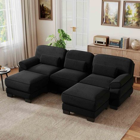Canapé panoramique modulable 3 places 265x161x94 cm avec 2 poufs, tissu velours côtelé, assise profonde, coussins épais, structure renforcée - Noir (1/5)